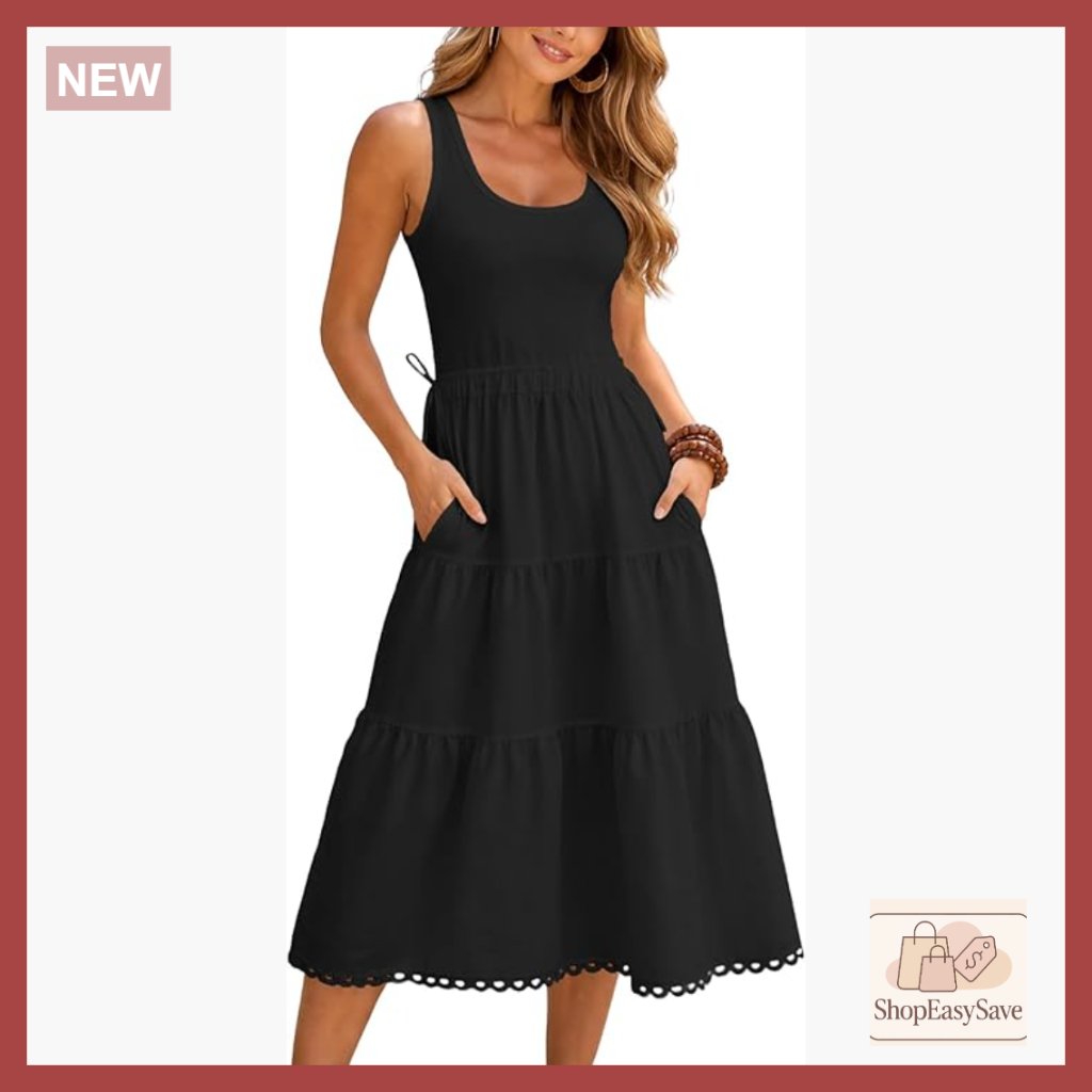 Sleeveless Maxi Dress Tiered Flowy Casual Summer Tank With Bow Waist Pocket